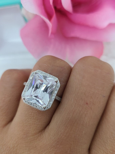 6.00 Carat Emerald Cut Halo Art Deco Wedding Engagement Ring Round Diamond Simulated Accent 925 Sterling Silver Choose Center Stone Color