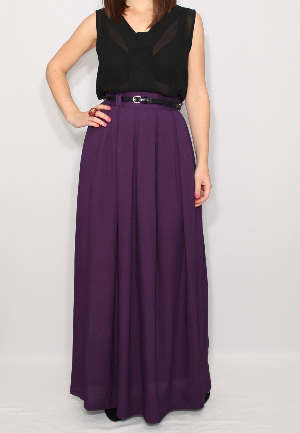 Long Maxi Purple Skirt Women Chiffon High Waisted With Pockets