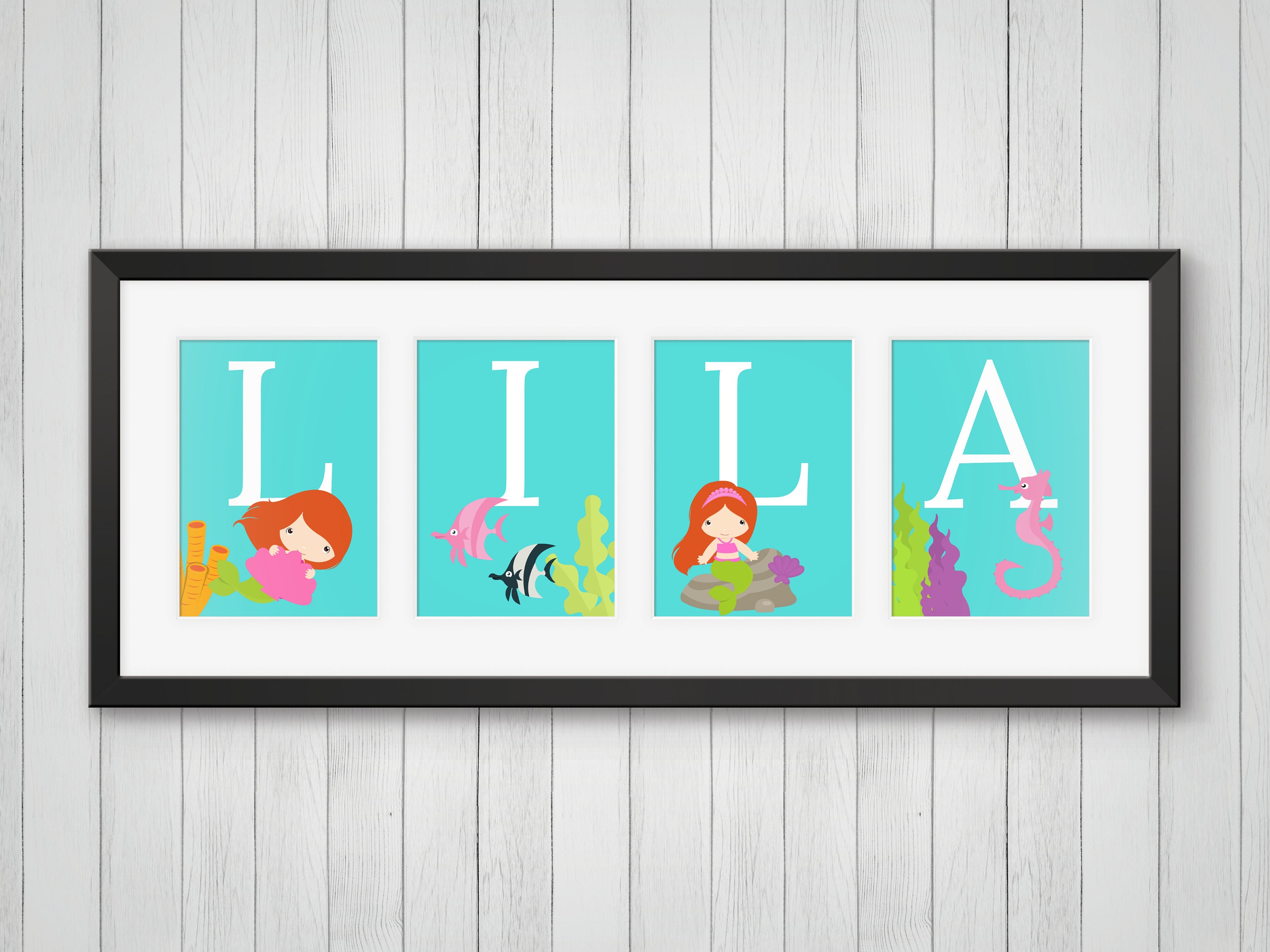 Mermaid Decor - Personalized Name Print Girls Room Nursery Art Birthday Gift Individual 4x6, 5x7, 8x10
