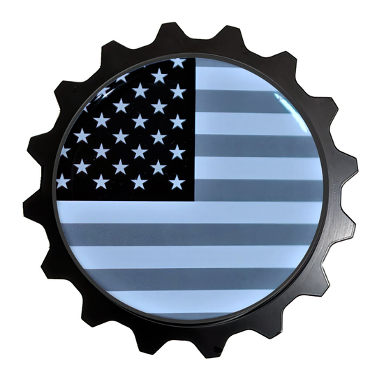 Aluminum Grille Trail Badge Fits Select Jeep Gladiator & 2007+ Wrangler With Inserts Size 3.75" - USA American Flag Monochrome