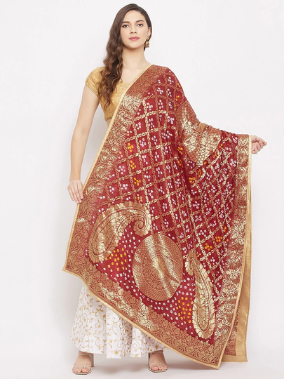 Women's Silk Blend Maroon & Gold-Toned Ethnic Motifs Woven Design Dupatta Free Shipping
