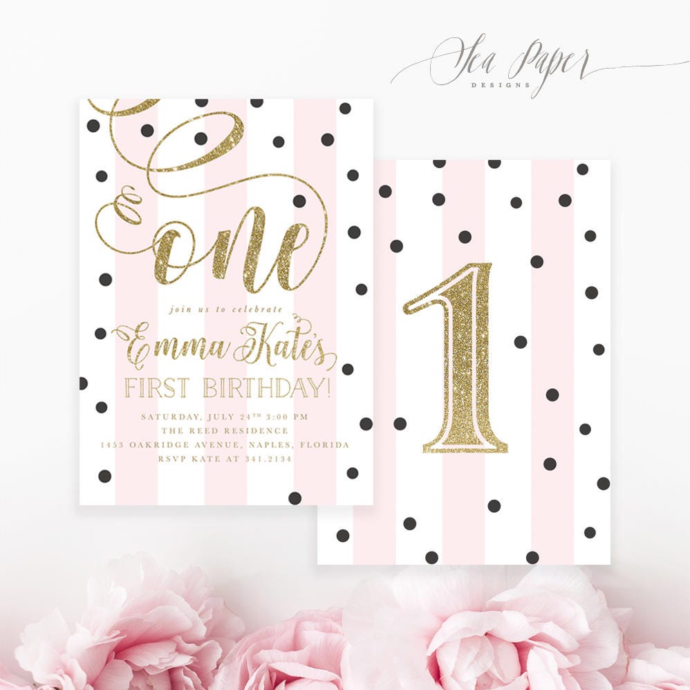 Pink & Gold First Birthday Party Invitation, Girl Invite, 1st Invitation Girl, Pink, & Black - Emma