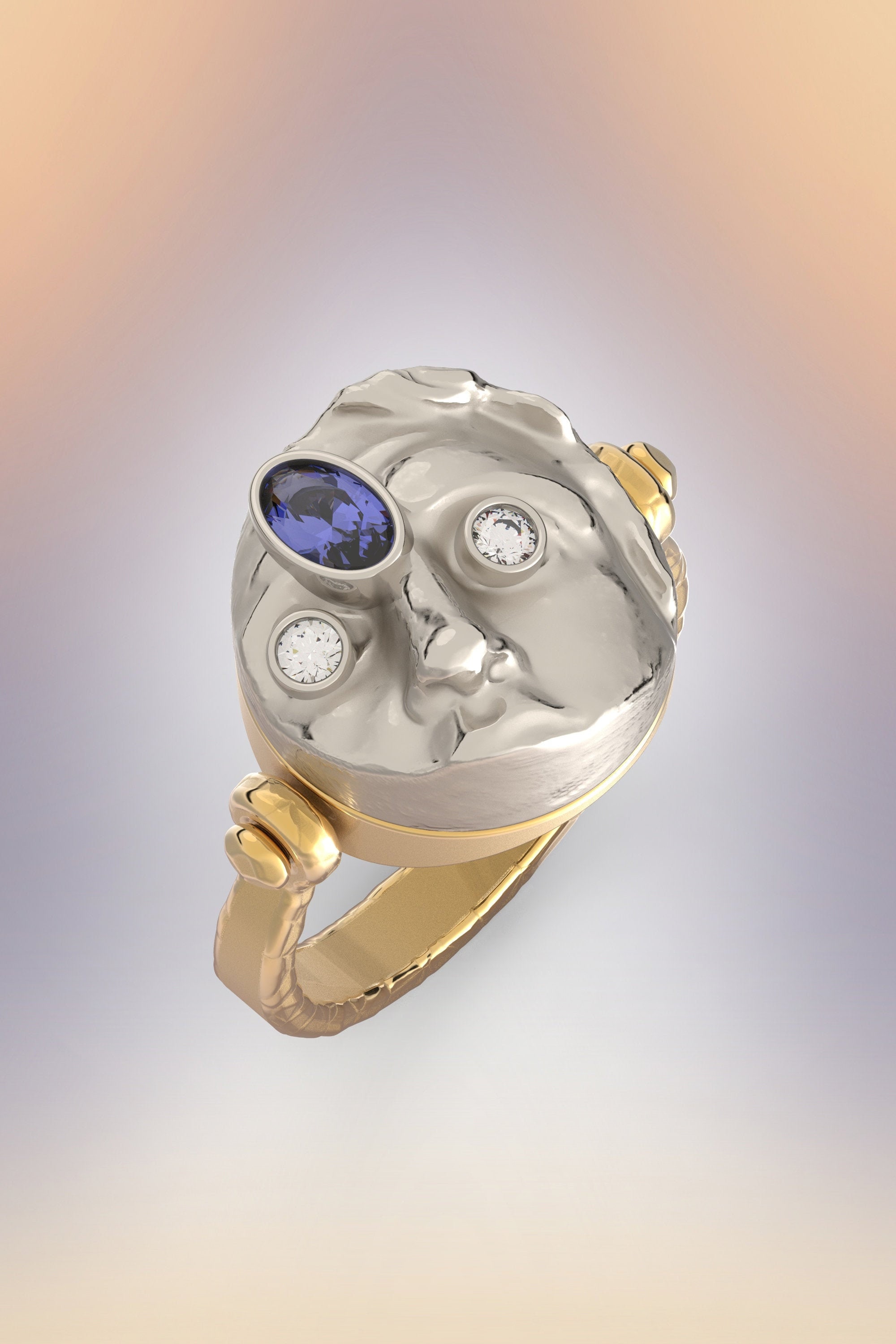 18K Solid Gold Cocktail Ring Made in Italy With Natural Iolite & Diamonds. Statement Gold Relief Inspired From Alexander The Great