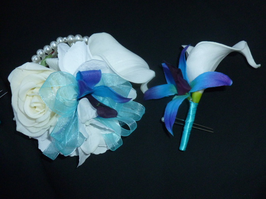 Cosage & Boutonniere Set, Real Touch Rose, Calla Lily, Orchid, Boutonniere, Pearl Corsage