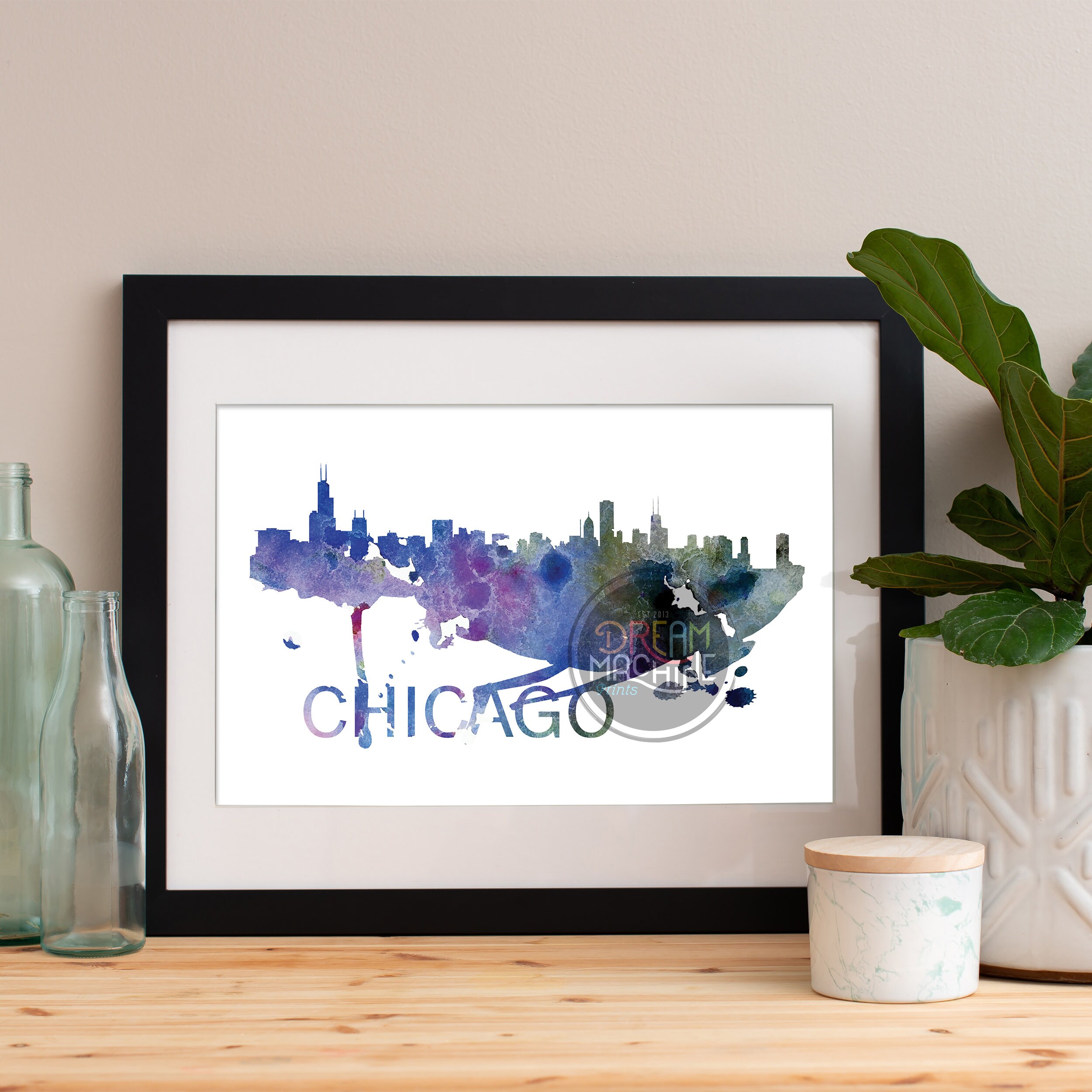Chicago Watercolor Skyline, Art, Poster, Print, Map, Wall