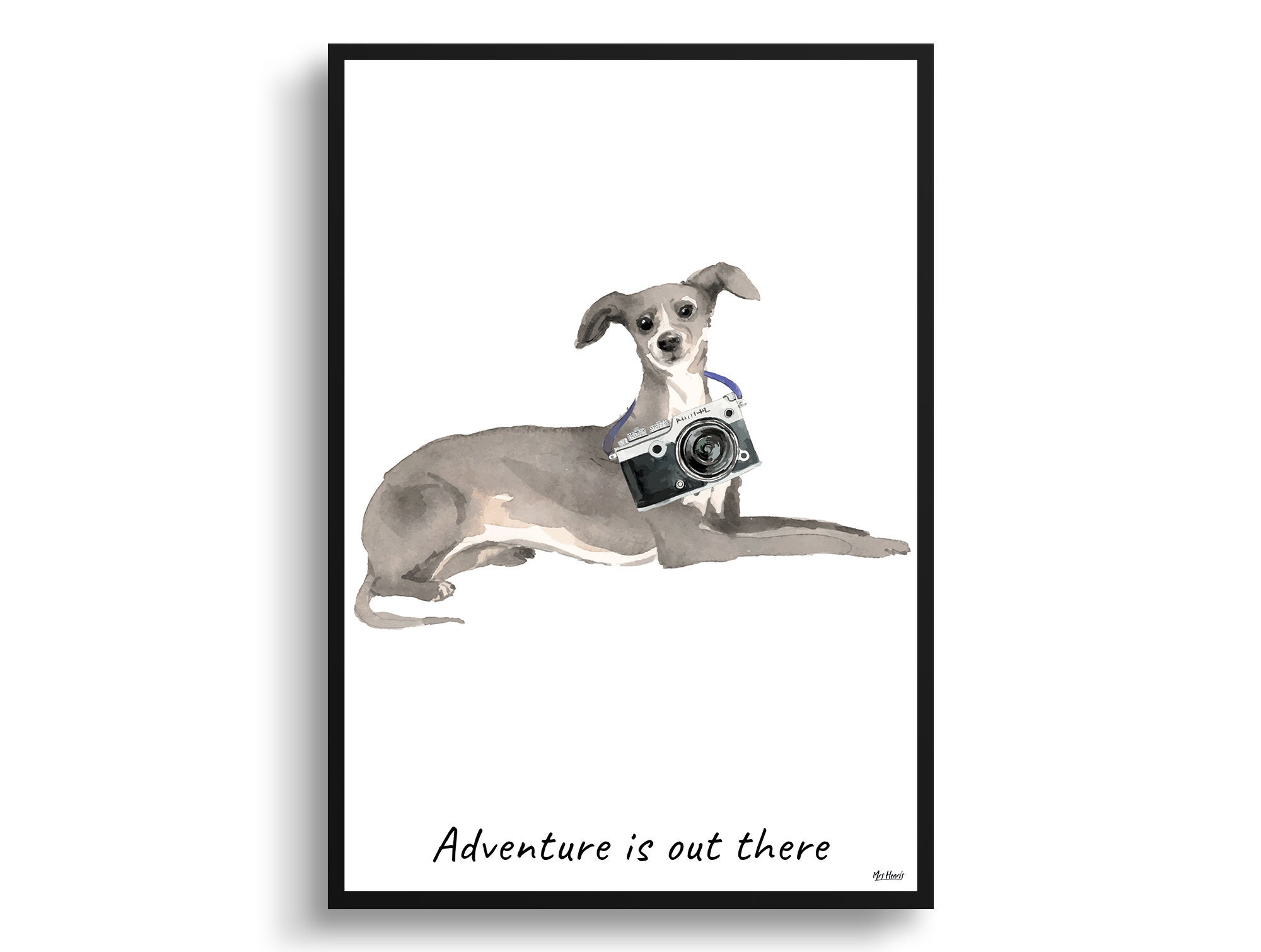Adventure Is Out There Italian Greyhound Dog Print Illustration. Framed & Un-Framed Wall Art Options. Personalised Name