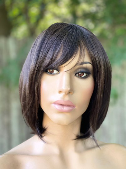 Human Hair Blend Wig Dark Brown Bob Wig Color 2 Full Cap Short With Bangs
