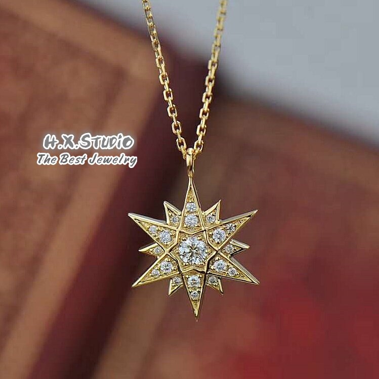 Diamond Starburst Pendant Necklace in Solid 18K Gold/Custom Fine Jewelry/Personalization Design/Gift For Women & Girls