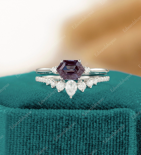 Vintage Alexandrite Engagement Ring Set Cluster Hexagon White Gold Unique Art Deco Women Diamond Wedding Bridal Anniversary Gift For Her