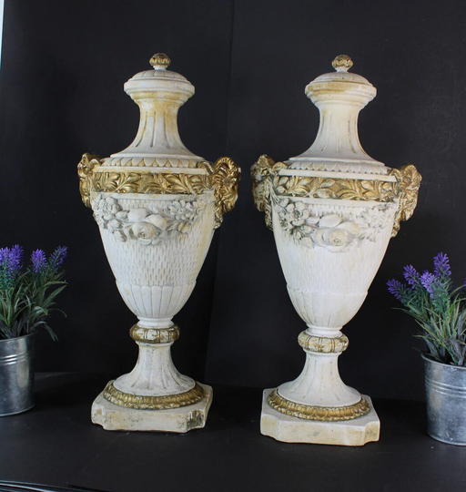 Pair Antique 1900S French Ceramic Chalk Ram Head Mantel Vases Guirlandes