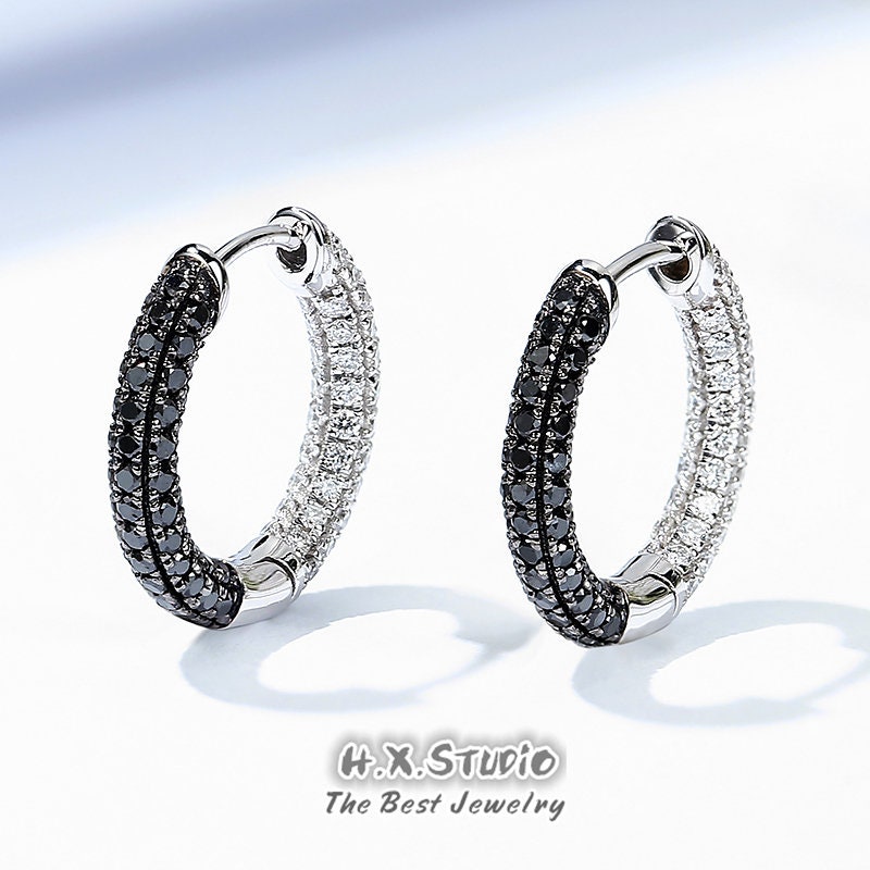 Minimalist Circle Pave Diamond Hoop Earrings, Solid 18K Gold, Genuine 1Ctw, Two-Color Elegant Jewelry, Gift For Her
