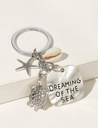 Dreaming Of The Sea Keychain, Silver Beach Charm Key Chain, Starfish Turtle Chain Gift