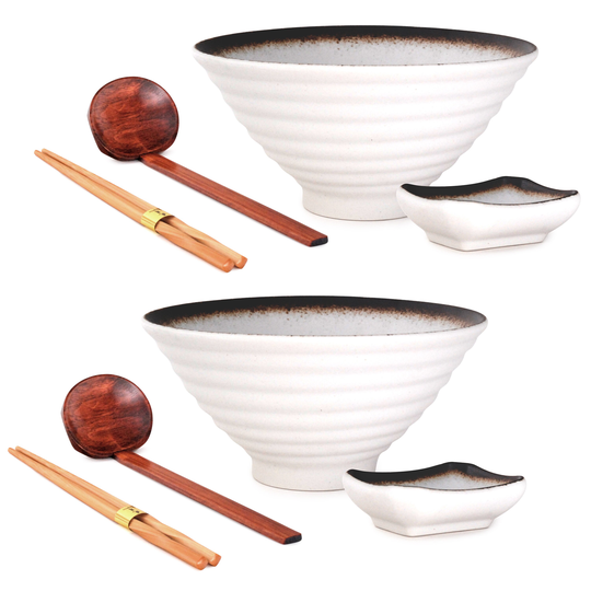 Japanese Style 8 Piece Ramen Set Of Two Porcelain 40 Fl Oz Noodle Bowl With Bamboo Spoon Chopsticks & Sauce Dish