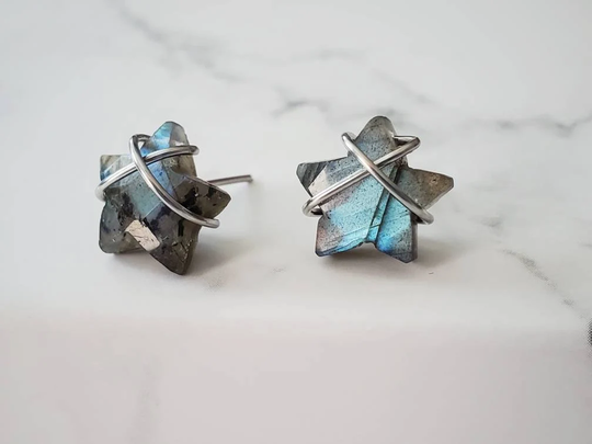 Labradorite Stud Earrings, Star Minimalist Stainless Steel Small Celestial Earrings