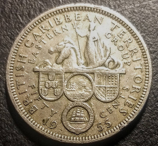 Antique Vintage British Caribbean Territories 1955 Fifty 50 Cent Queen Elizabeth Ii Great Coin Old Piece