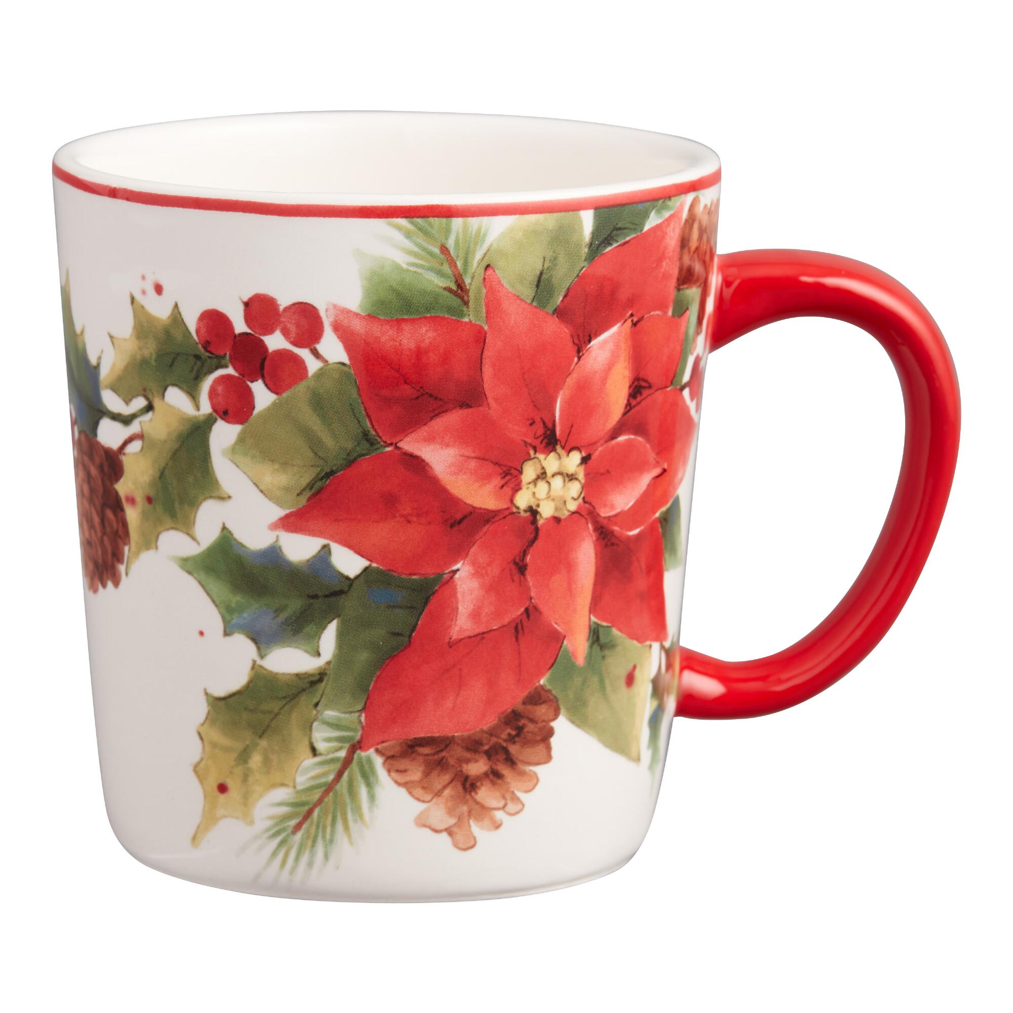 Pier Place Poinsettia Mug: Green/Red/White - Earthenware by World Market
