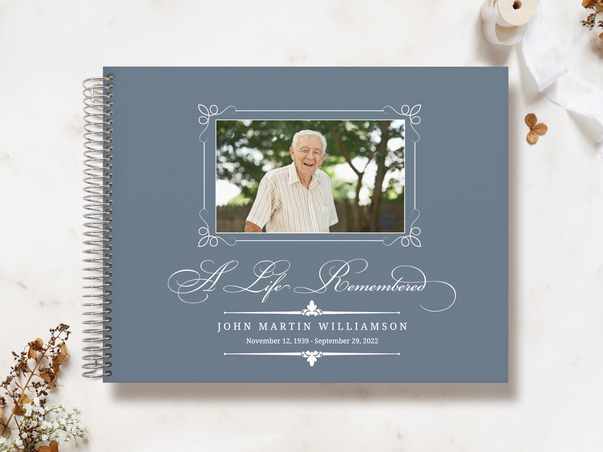 Funeral Guestbook | Remembrance Guest Book Memorial Personalized Registry Blue Classic