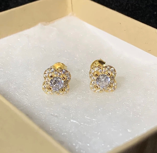 Women's Girl's Dainty Small 14K Yellow Gold Over Solid 925 Sterling Silver Iced Out Floral Flower Earrings