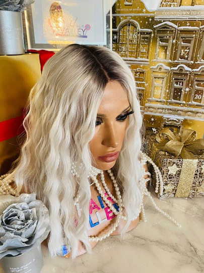 Lace Front Wig Human Hair Blend Silver Blonde Grey Gray, White Rooted 16" Wavy Ash Blonde Wig Drag Queen Wigs