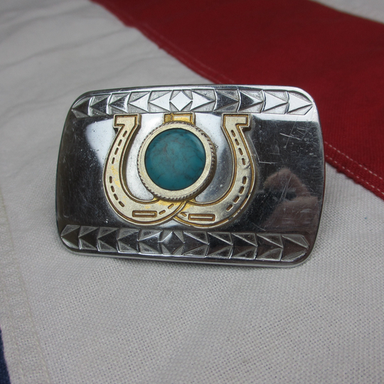 Vintage 1970's Nickel Silver & Dyed Howlite "Turquoise" in Setting Belt Buckle Horseshoe Western Wear Cowboy Floral Tone Country