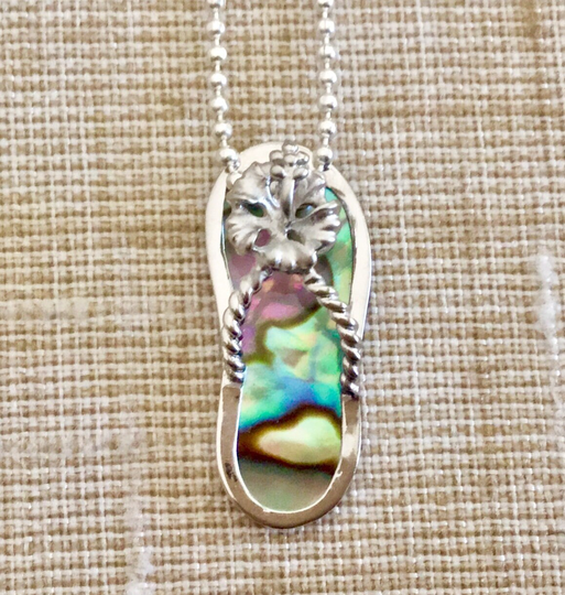 sterling Silver Abalone Hibiscus Slipper Flip Flop Necklace, Hawaii Jewelry, Beach Hawaiian Necklace, Made In