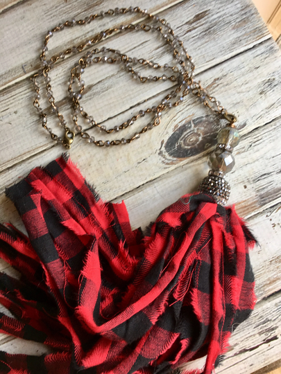 Buffalo Plaid Sari Silk Tassel Necklace/Buffalo Jewelry/Plaid Tassel/Hand Chain Tassel/Valentine Tassel/Red Black/Plaid Bling