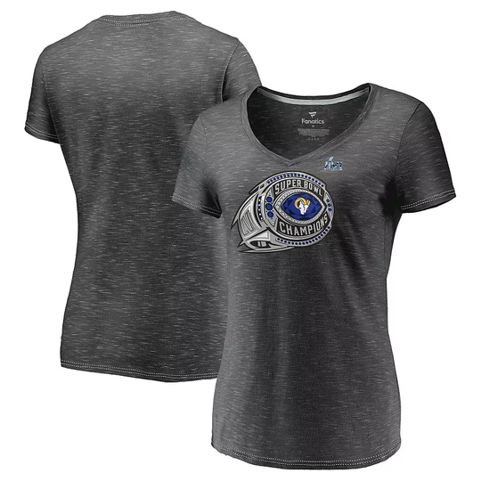 Women's Fanatics Branded Heathered Charcoal Los Angeles Rams Super Bowl LVI Champions Ring Bling V-Neck T-Shirt, Size: Medium, Grey