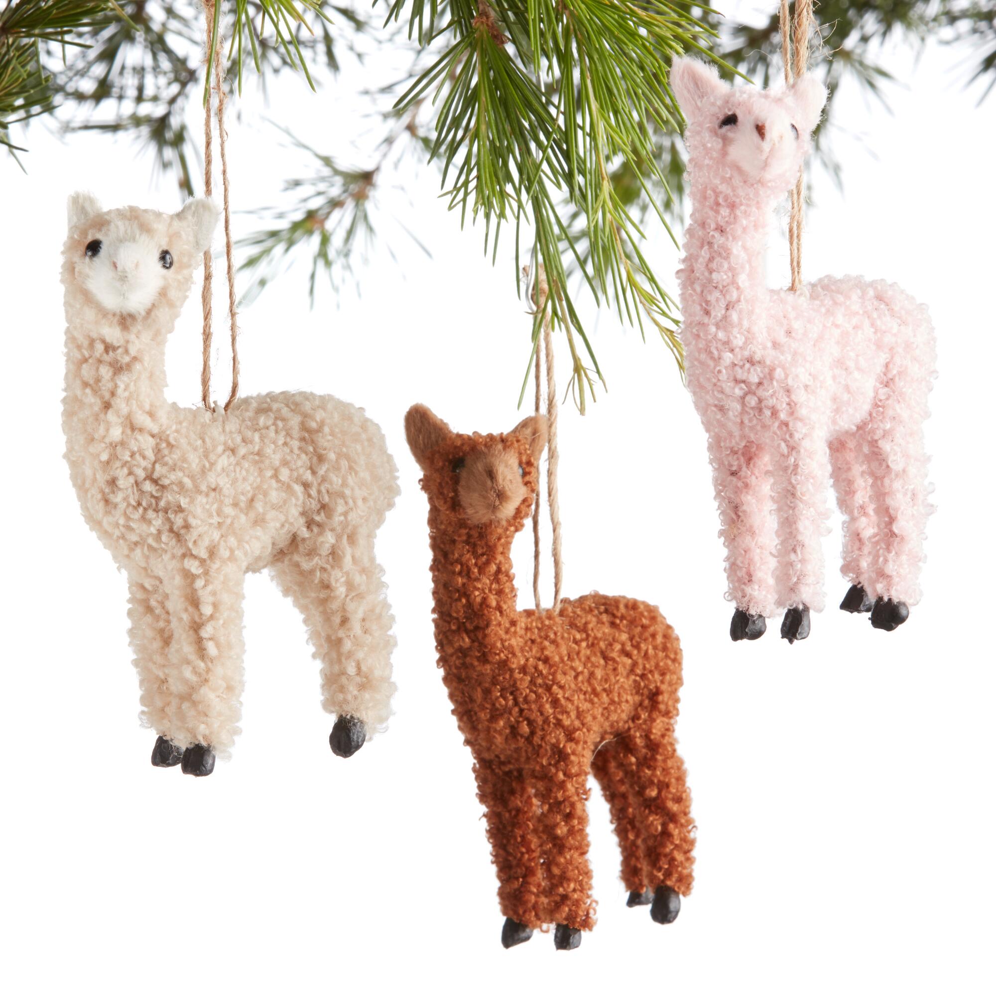 Nubby Fleece Llama Ornaments Set of 3: Multi - Wool by World Market