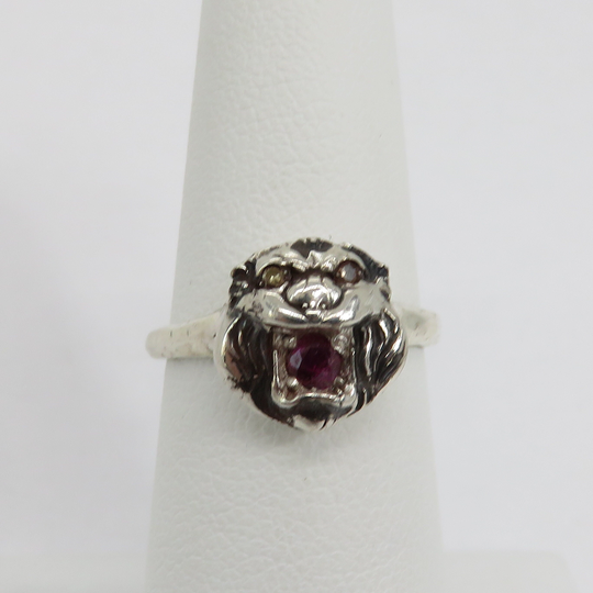 Vintage Sterling Silver Ruby Diamond Lion Face Ring. Sz 5.5