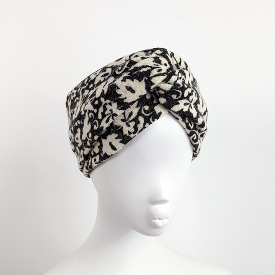 Black & Ivory Floral Wool Blend Wide Twist Headband