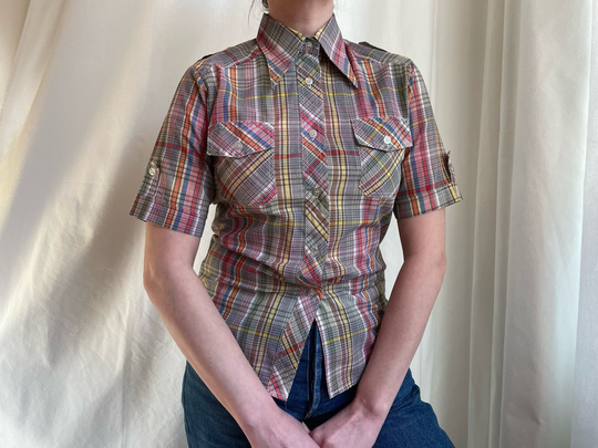 Vintage 70S Check Pattern Cotton Blend Shirt, Summer Short Sleeve Collared Blouse, Fitted Boho Print M