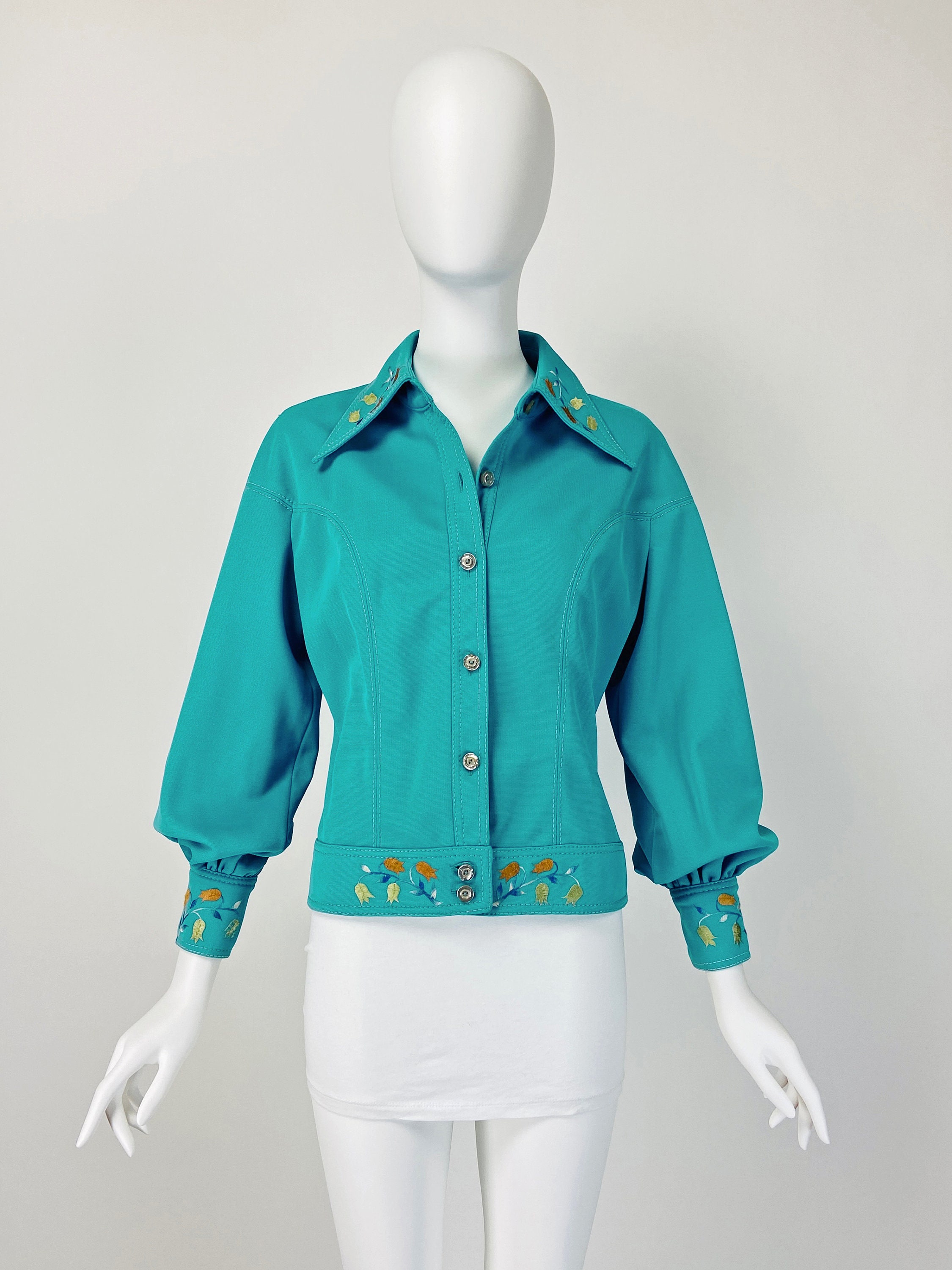 Vintage 70S Jacket, Puffed Sleeve Mod Wide Collar Turquoise Embroidered Medium Size 8 Us, 12 Uk Y486