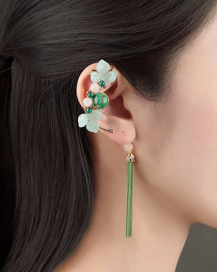 Green Coloured Glaze Bead Ear Cuff, Flower Cuff Non Pierced, Climber No Piercing Earrings, Cheongsam Wrap Earring, Wedding