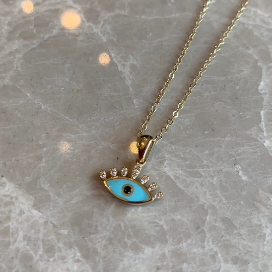 14K Gold Evil Eye Diamond Necklace, Dainty Pendant, Pendant