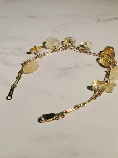 14K Gold Filled Link Chain Bracelet, Citrine Quartz Chip Nugget Gold Wire Wrapped Gemstone Gift For Women