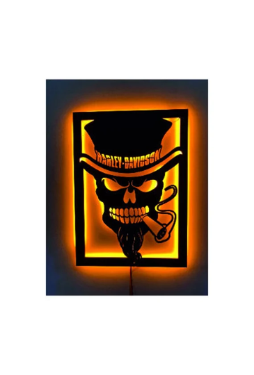 Harley Davidson Wall Art, Lighted Skull, Birhday Gift, Home Decor Panel, Lighted Decor, Harley Davidson Motorcycle, Harley