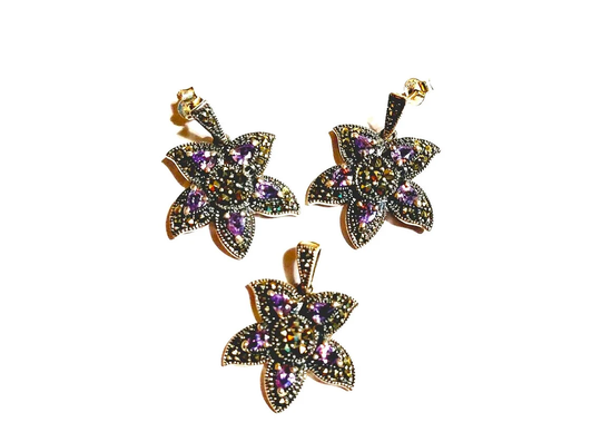 sterling Silver Purple Marcasite Flower Pendant & Earrings