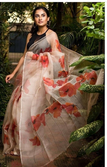 Printed Organza Saree Orange Colour. Soft Fabric Saree, Designer With Unstitched Blouse