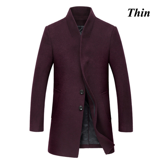 Winter New Men's Fine Wool Blend Solid Color Casual Business Stand Collar Woolen Coats / Male Slim Windbreaker Coat Men Jackets - wine red thin, xxl