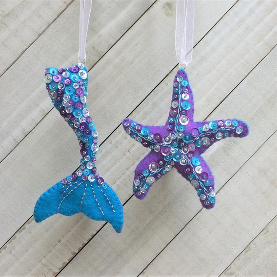 Christmas Ornament Kit Diy, Mermaid Tail + Starfish, Felt Embroidery Sewing Pattern