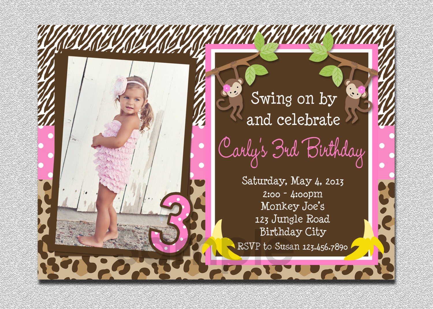 Monkey Birthday Invitation, Jungle Party, Photo Girls Invitation