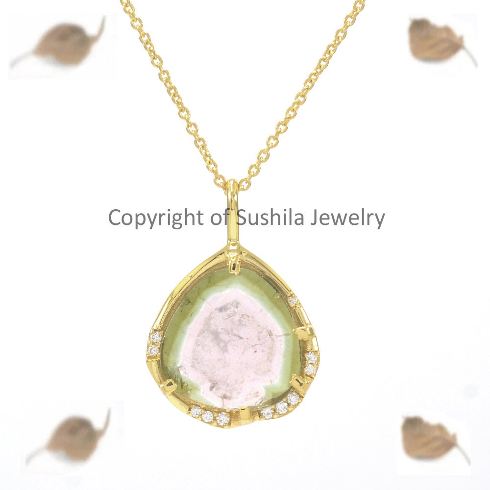 Natural Watermelon Tourmaline Gemstone Si Clarity G-H Color Diamond Pendant Necklace Solid 14K Yellow Gold Handmade Minimalist Jewelry