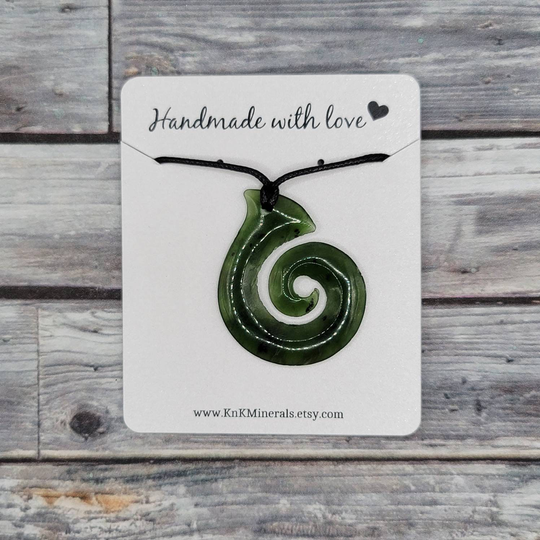 Nephrite Jade Necklace, Hand Carved Spiral Pendant With Black Cord, Natural Stone Jewelry #6