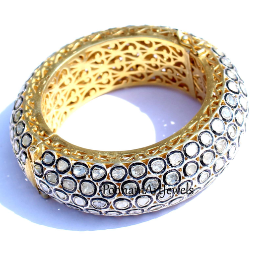 Natural Uncut Diamond Polki Bangle Solid 925 Sterling Silver Handmade Victorian Jewelry Bracelet