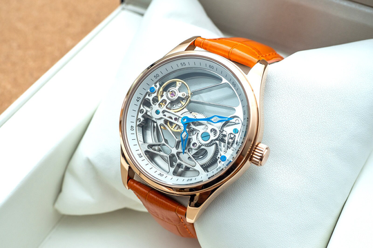 Mens Fashion Luxury Skeleton Automatic Mechanical Watch Rose Gold With Orange Leather Deployant Buckle