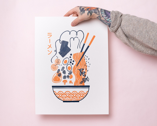 Linoprint Ramen, Japanese Noodle Soup, Sushi Bowl, Food, Original Linoleum Art, Asian Cuisine, Tokyo Kawaii, Tonkotsu Miso