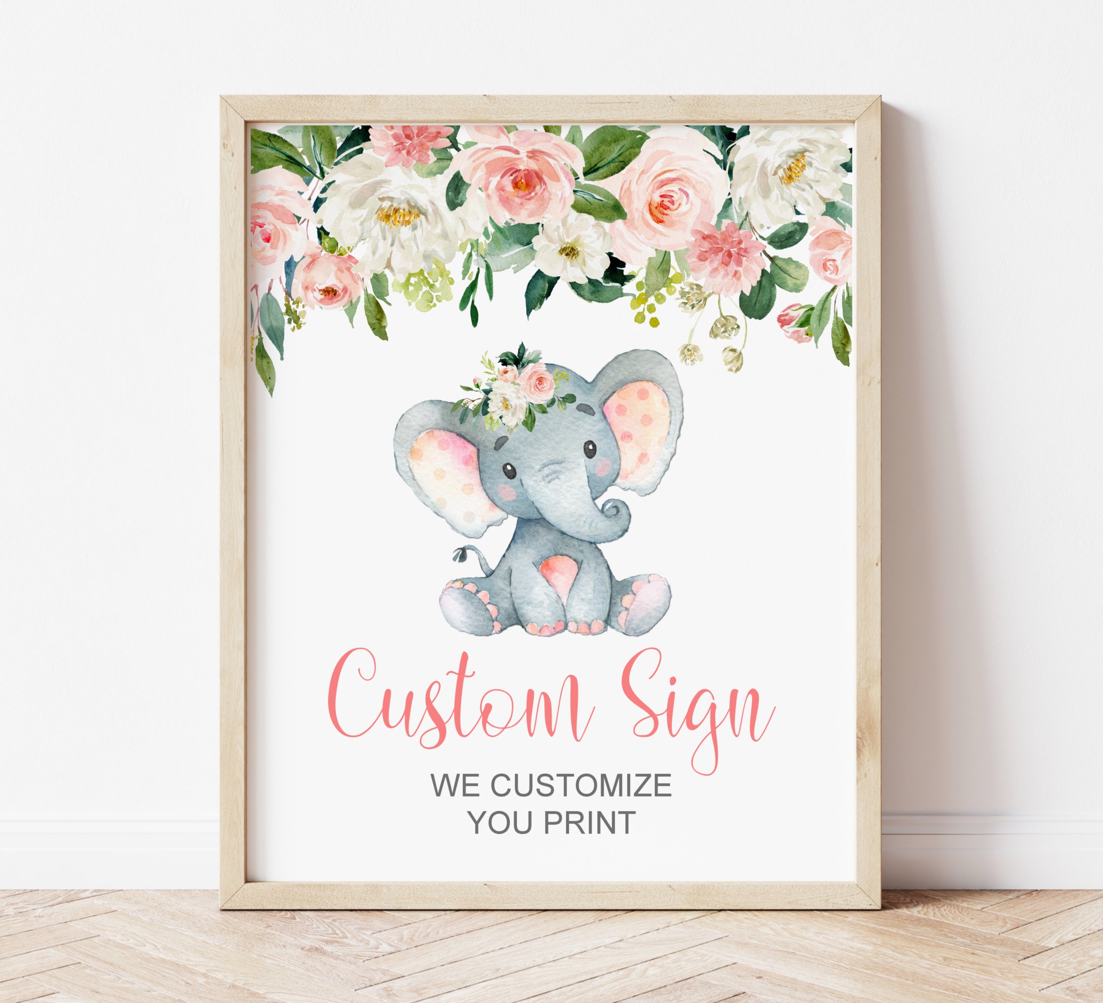Elephant Sign Printable Custom Pink Baby Shower Birthday Decorations Little Peanut Girl Digital File A80 C80