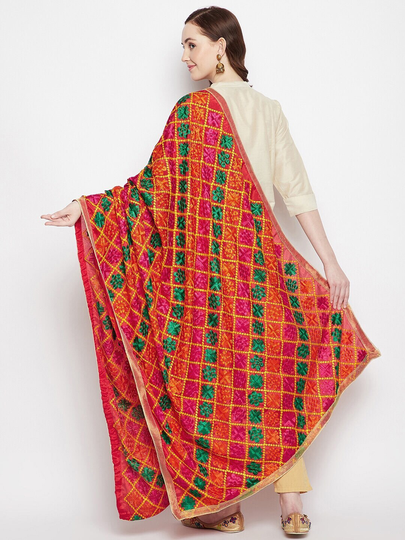 Women's Silk Blend Orange & Green Embroidered Dupatta With Phulkari Free Shipping