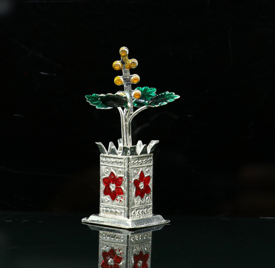 925 Sterling Silver Handmade Small Tulsi Plant Basil Rosary Plant, Puja Temple Article, Elegant Customized Utensils Article Su231