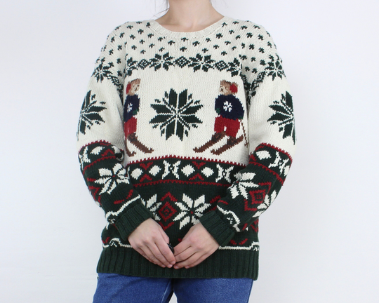 Vintage 90S Ralph Lauren Rare Skiing Bears Sweater, Hand Knit, Cotton Linen Blend, Off White Red & Green, Country, Size M